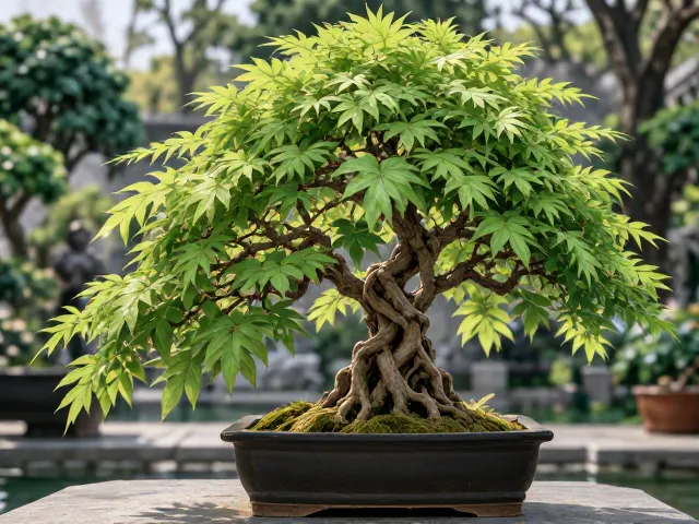 海棠盆景与南天竹搭配，叶片翠绿生机勃勃，打造高颜值庭院景观