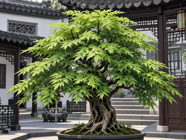 海棠盆景与南天竹搭配，叶片翠绿生机勃勃，打造高颜值庭院景观