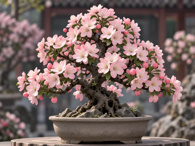 海棠盆景短截促花技巧,浅盆养护让花开爆盆