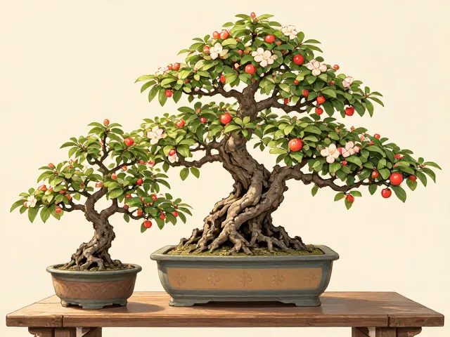 海棠盆景枝干苍劲,观果观叶兼具,打造高颜值家居绿植