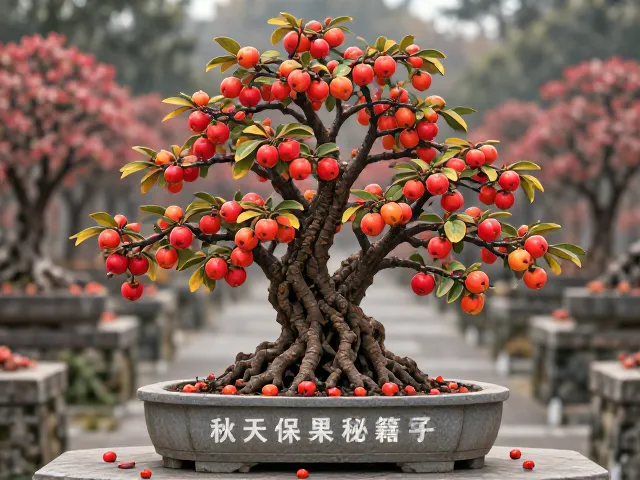 海棠盆景秋季保果秘籍,搭配石盆养护,果实累累不脱落