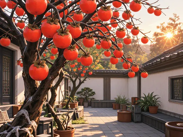 柿子树庭院小品,红果满枝观赏性强,打造高颜值居家风景