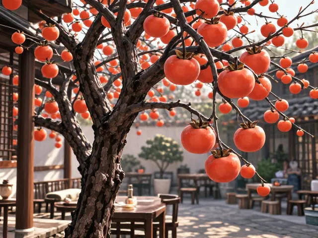 柿子树庭院小品,红果满枝观赏性强,打造高颜值居家风景