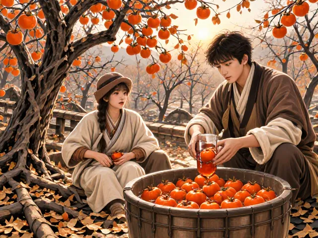 柿子树酿果酒教程,落叶后观果,酸甜醇厚好滋味