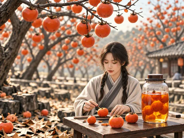 柿子树酿果酒教程,落叶后观果,酸甜醇厚好滋味