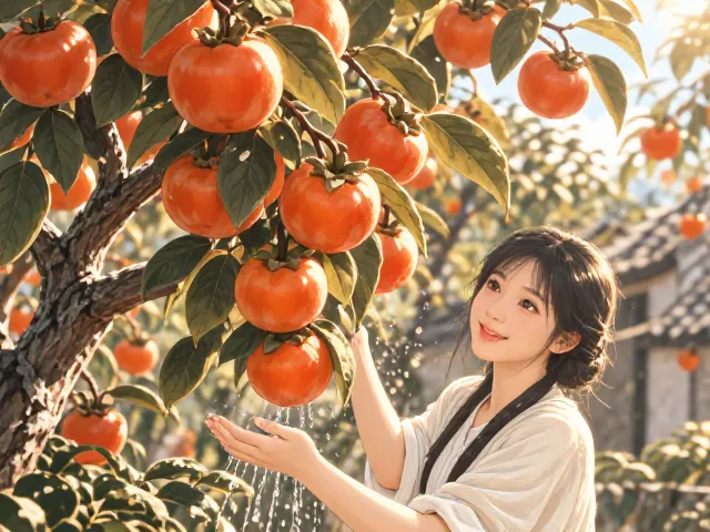 柿子树夏季浇水技巧，阳光充足时这样浇，果实又大又甜