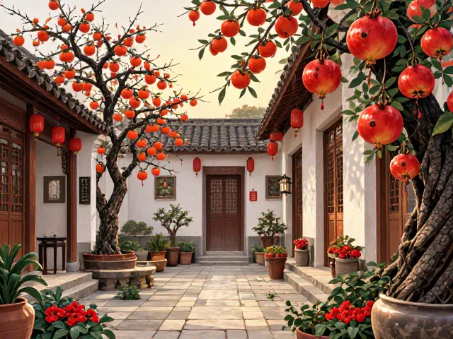 庭院点缀，柿子树与石榴树搭配，寓意丰收红红火火