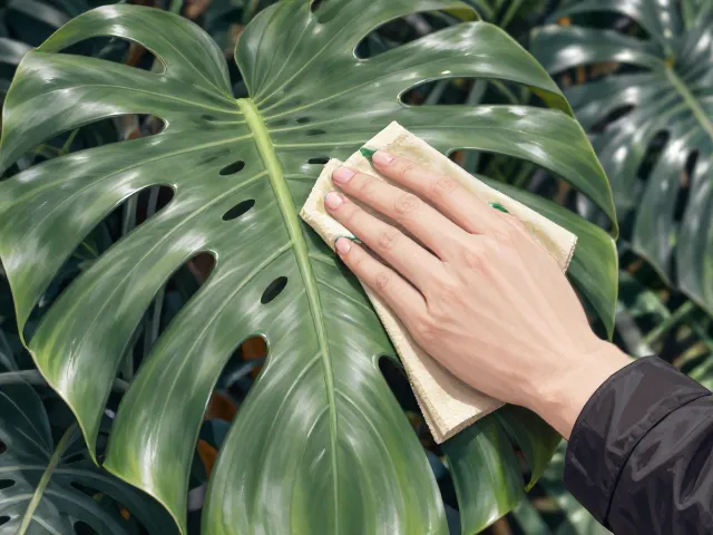 龟背竹生长期薄肥勤施，定期擦拭叶片防灰尘堵塞气孔
