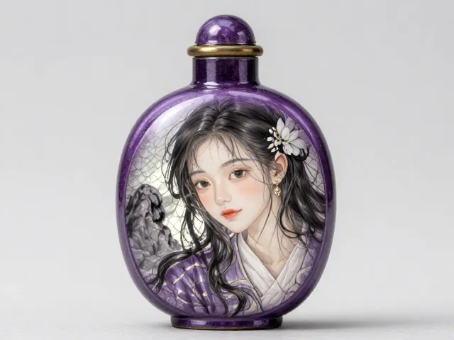 茄皮紫内画鼻烟壶，透光背板下的釉面开片绝美细节