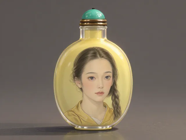 鹅黄娇嫩内画鼻烟壶，小口鼓腹配透明料，松石绿珐琅显贵气