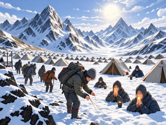 山地科考实录，雪线营地运输中的野外深度探索与生存挑战