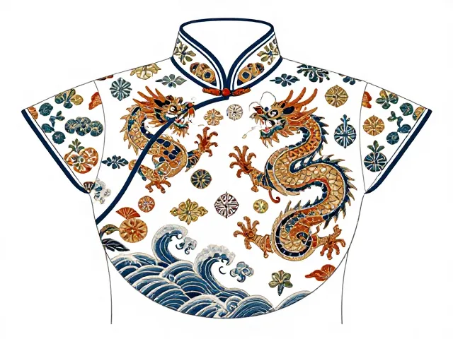 龙凤刺绣旗袍纹样解析,海水江崖与圆形团花式的古典美学