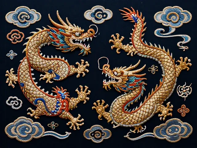 龙凤刺绣非遗纹样赏析,祥云环绕寓意吉祥富贵