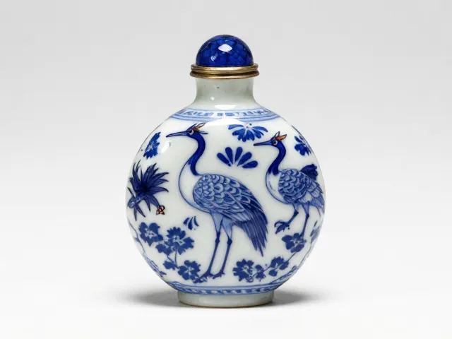 清代套五色玻璃鹤鹿同春鼻烟壶，蓝白清朗雅致，多色套料工艺赏析