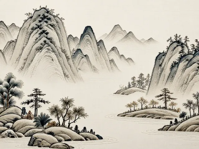 浅绛设色山水刺绣家纺纹样,打造客厅装饰画新中式雅致风