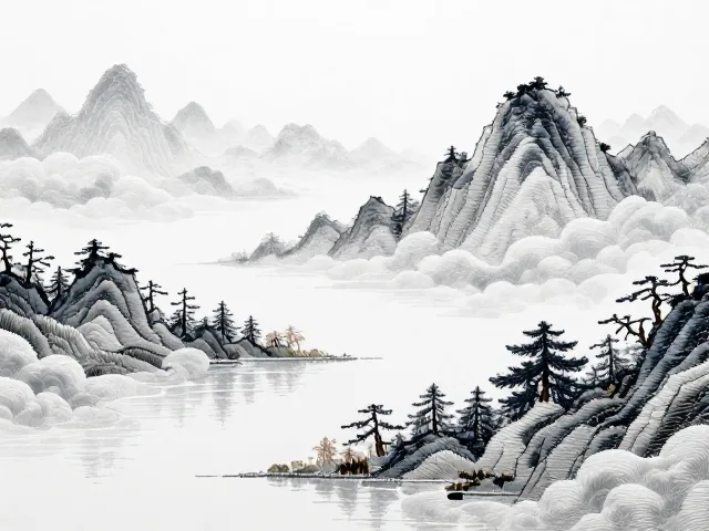 山水刺绣非遗纹样，云雾留白含蓄之美与整烫清理技巧