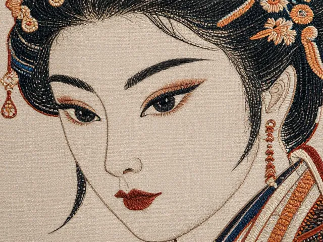 条屏式构图下的刺绣人物纹样，面部神态与细节之美解析