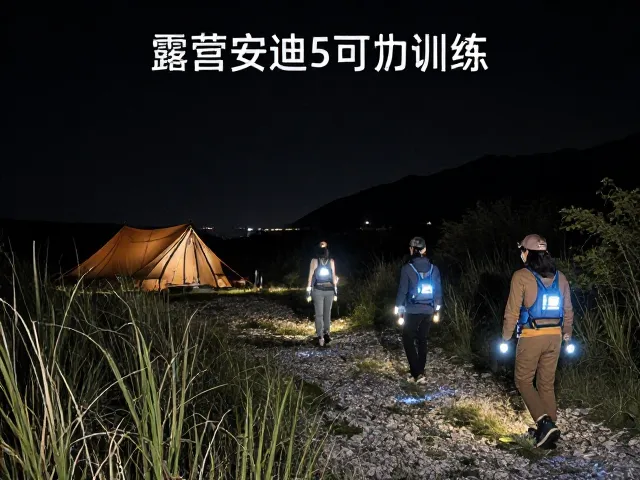露营召回训练，草丛碎石路夜间佩戴发光装备随行指南