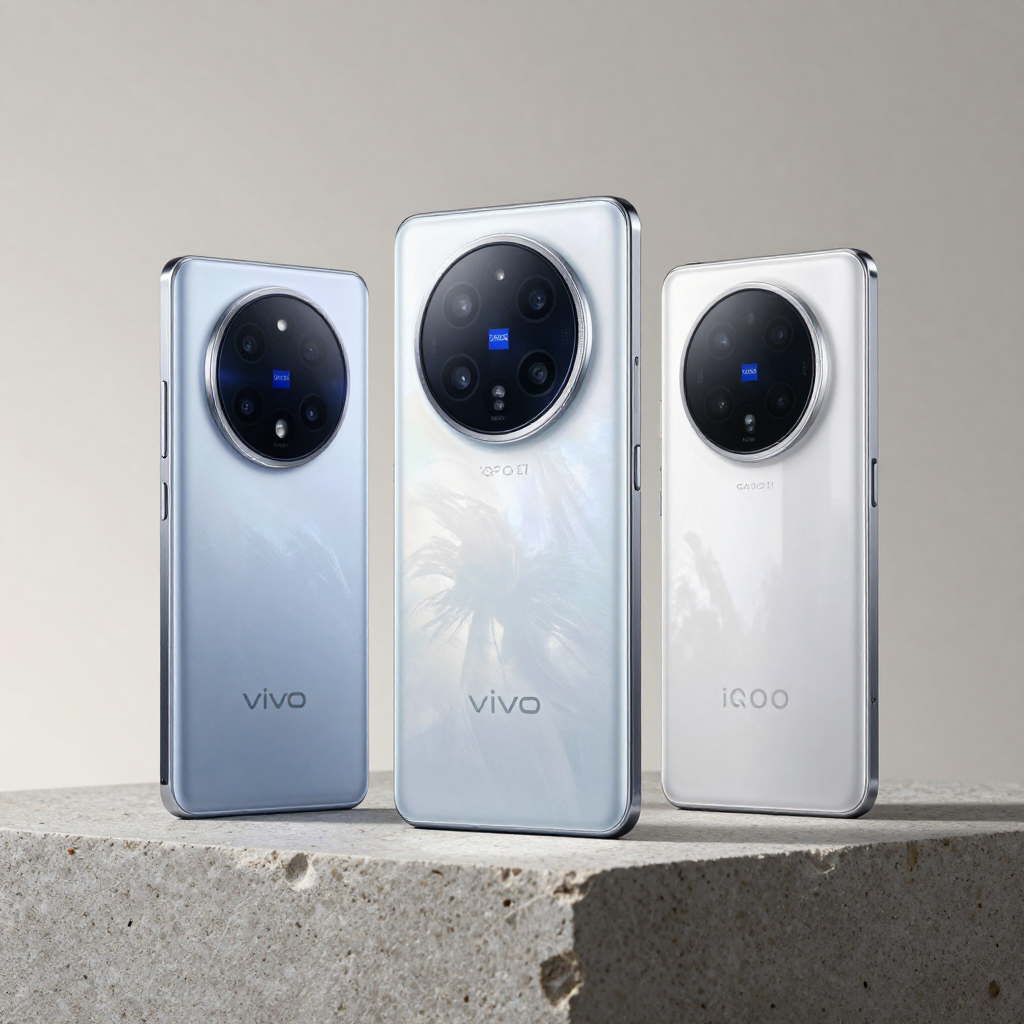 vivo多款手机排列展示，突出屏幕与机身设计