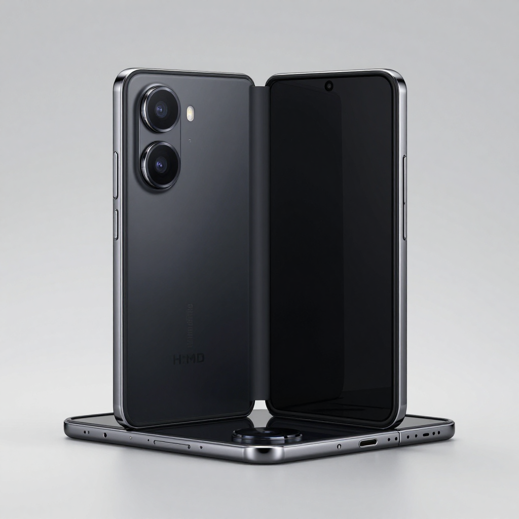 HMD Pro Fold Lite 展开状态展示，屏幕显示清晰界面，机身轻薄