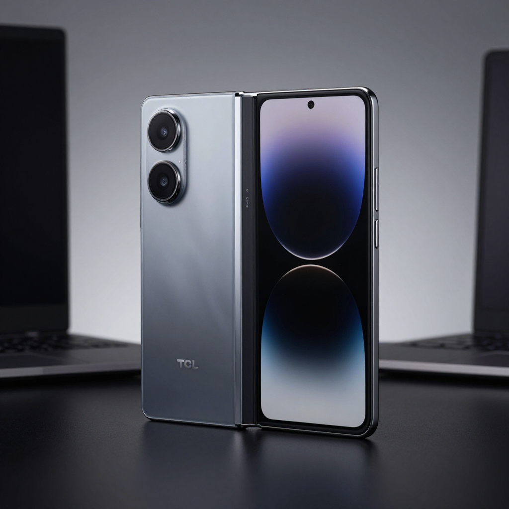 TCL 手机系列全家福展示，背景为科技感十足的实验室环境