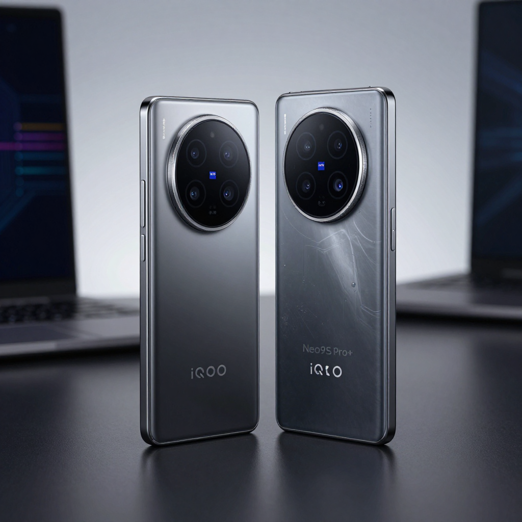 iQOO Neo系列与Z系列手机并列展示，背景为科技感游戏场景