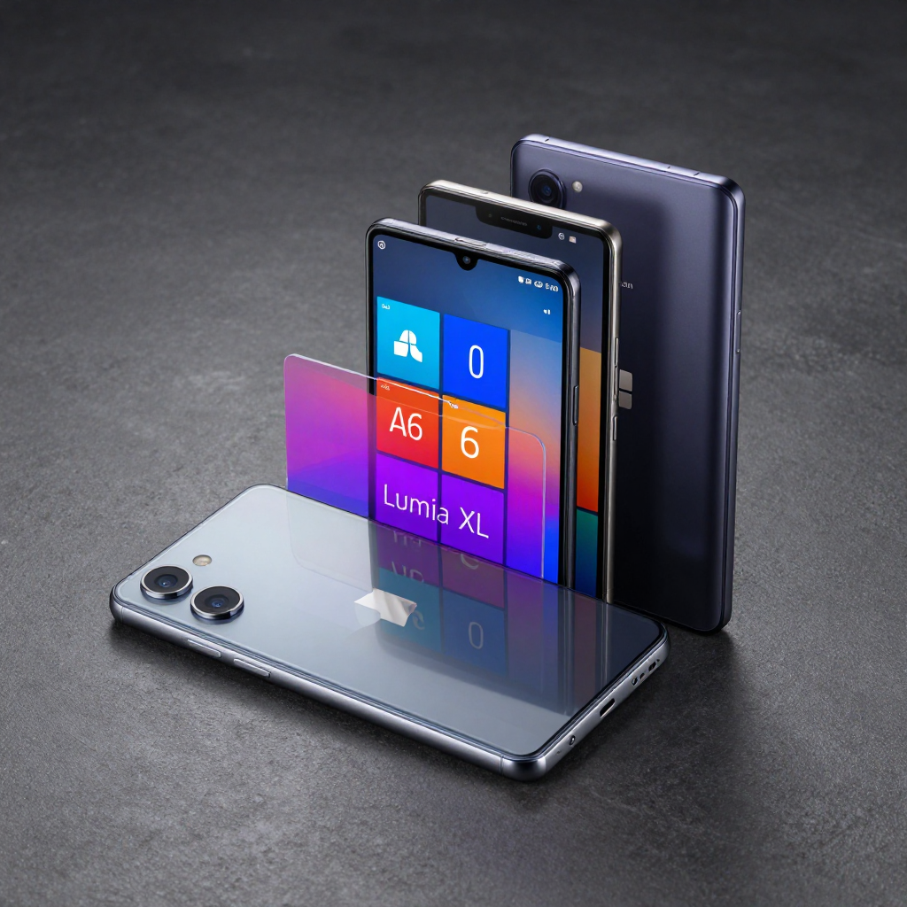 微软Lumia系列手机合集展示，背景为微软红蓝品牌色