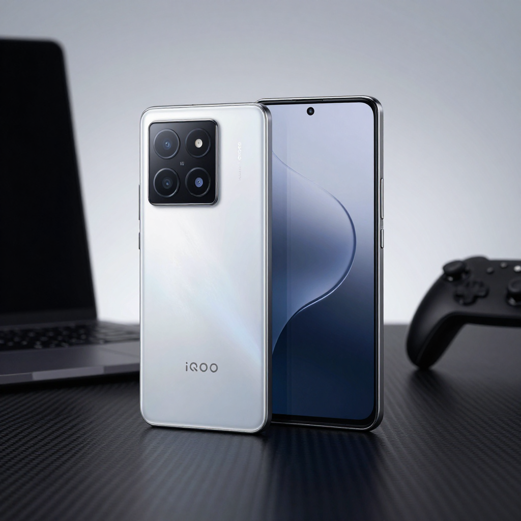 iQOO Neo 9 Pro 游戏场景展示，屏幕显示高帧率游戏画面，背景为暗色调电竞风格