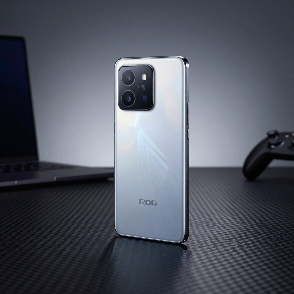 ROG Phone 7 Ultimate 游戏场景展示，屏幕显示高帧率游戏画面，机身RGB灯效炫酷