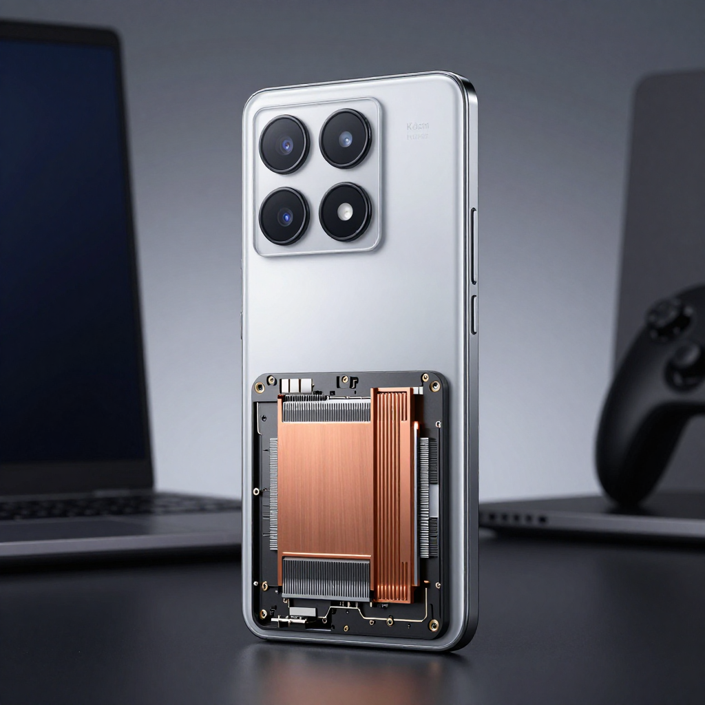Redmi Note 14 Pro+ 游戏场景展示，屏幕显示高帧率画面，机身轻薄设计