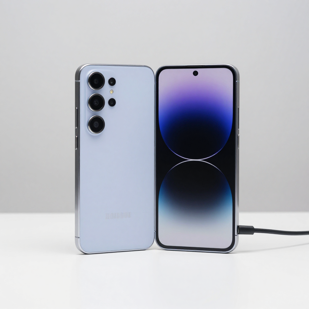 Samsung Galaxy A55 and S24 smartphones displayed side by side with battery icons