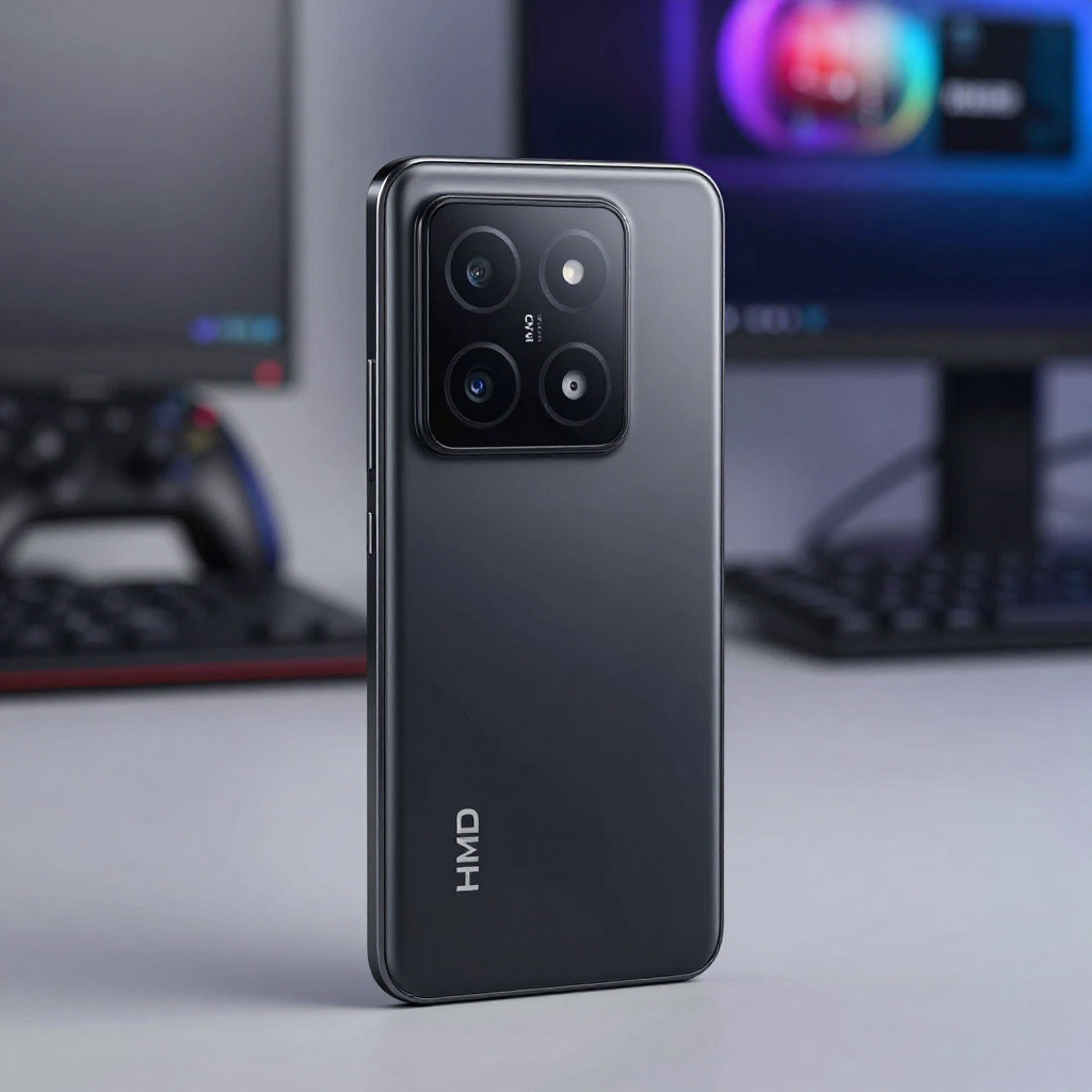 HMD Pro 5G 游戏手机外观展示,深色机身搭配RGB灯效