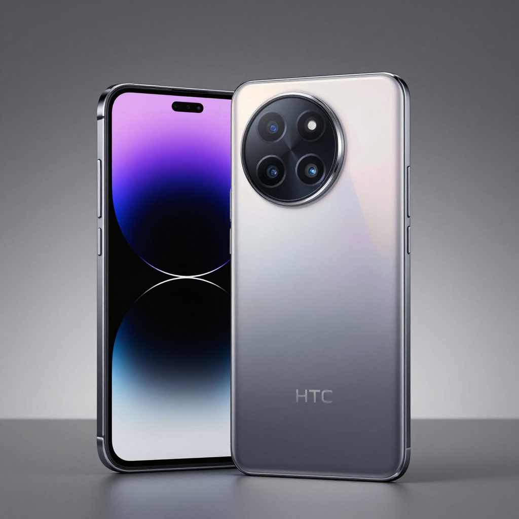HTC手机与充电线、电池图标组合图，象征长续航主题