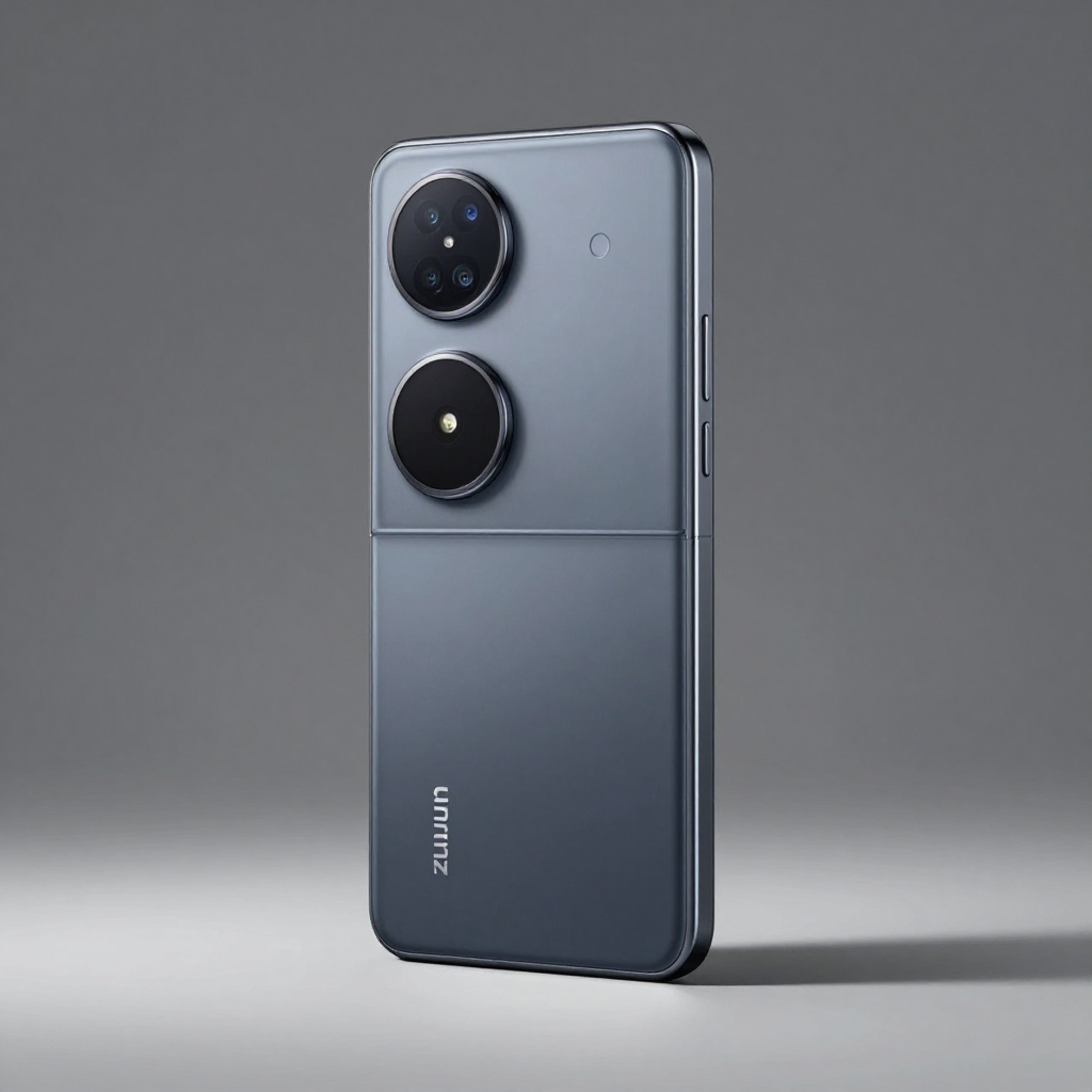 Unihertz Pocket 2 Pro 折叠屏手机展示，黑色机身，屏幕展开状态，背景为科技感实验室环境