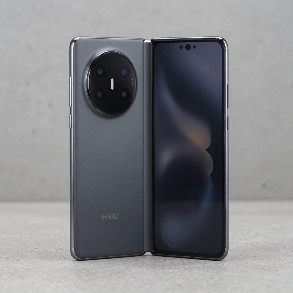 HMD折叠屏手机展开与合拢状态展示，背景为极简桌面