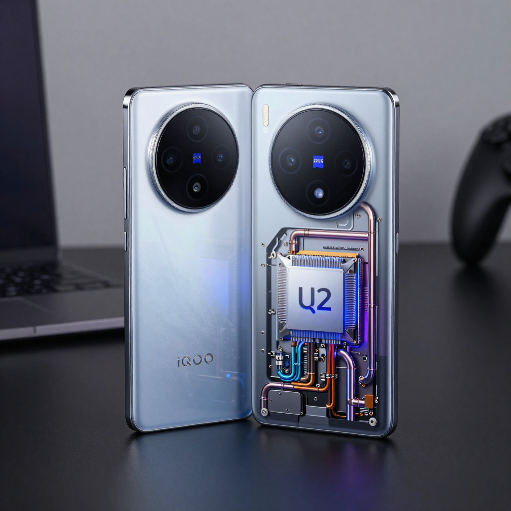 iQOO 2026年游戏手机系列全家福展示，包含不同型号手机并列摆放，背景为科技感霓虹灯光效