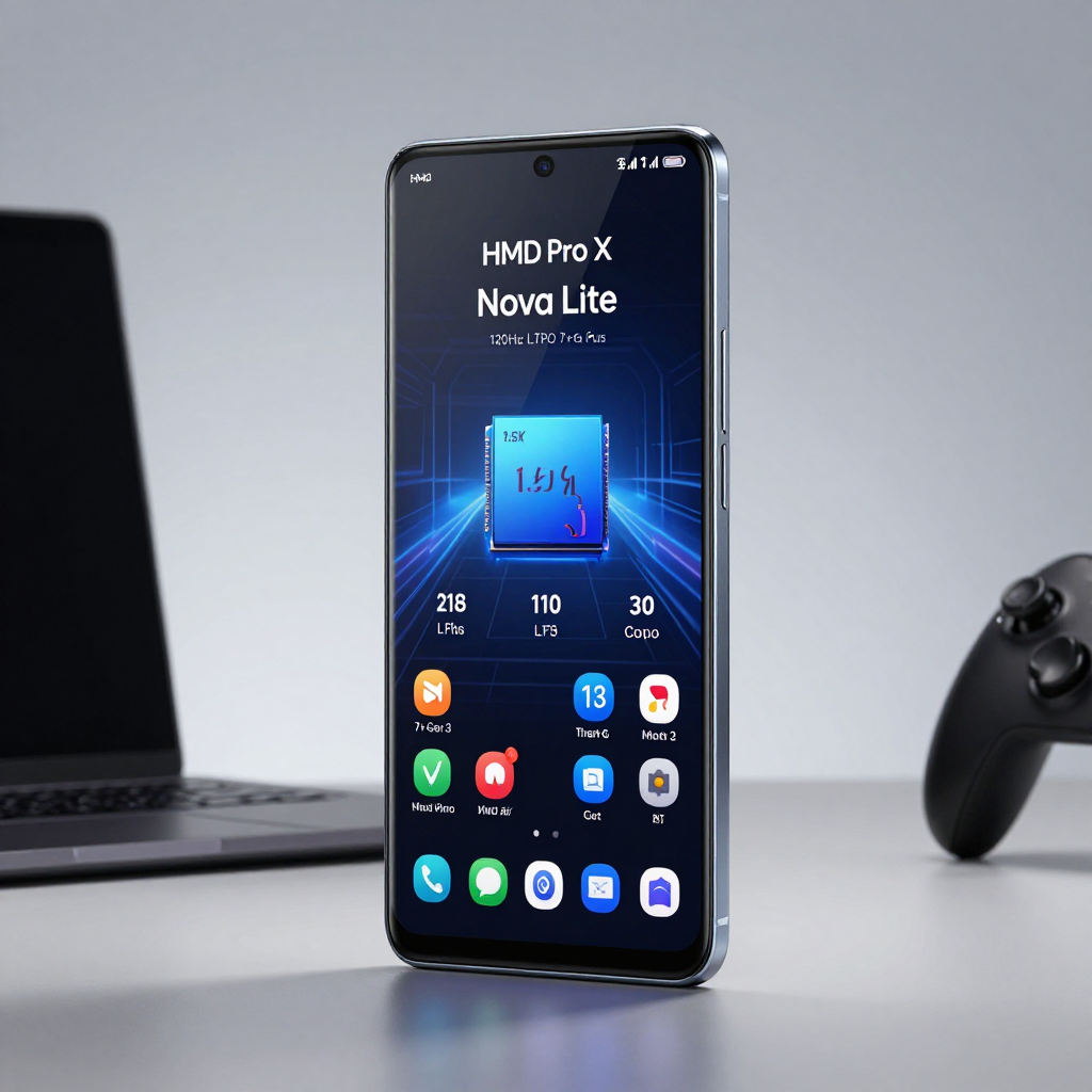 HMD Nova Lite 手机正面展示,屏幕显示清晰的时间界面