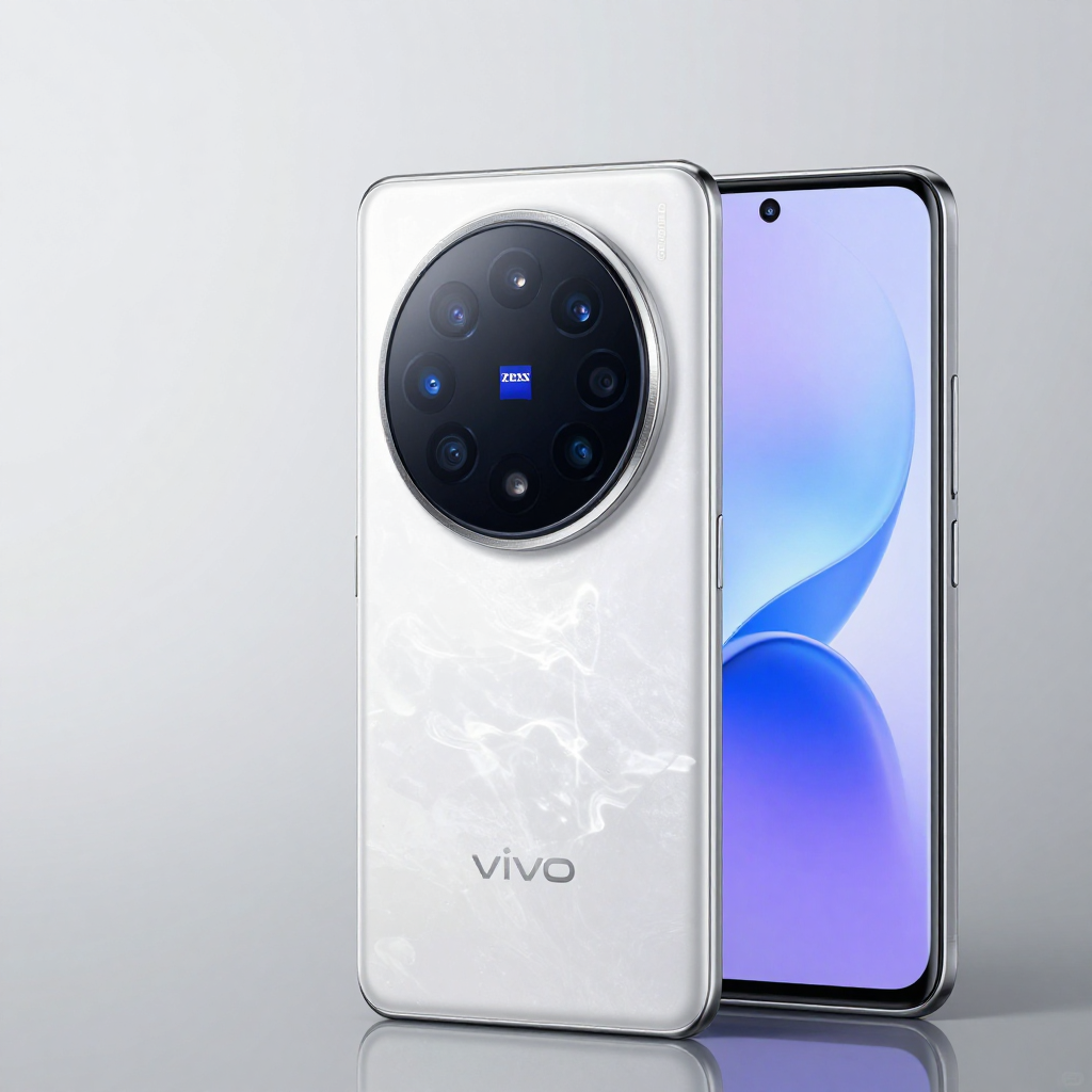 vivo手机与竞品在桌面上并排展示，背景为科技感灯光